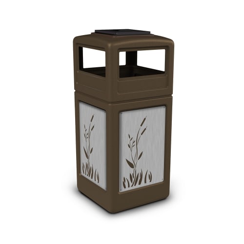 Commercial Zone® 42 Gallon Trash Container, Stainless Steel Panels, Cattails, Ashtray Lid, Brown